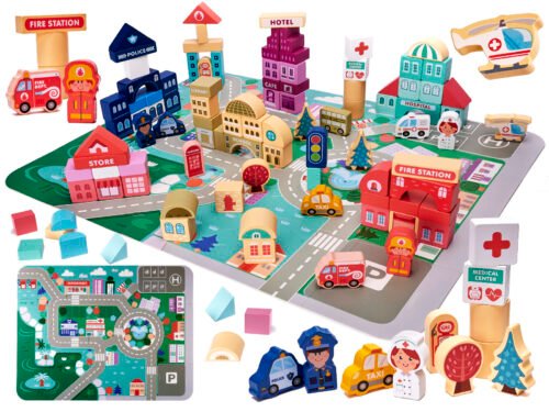 Klocki drewniane edukacyjne miasto puzzle 100el.