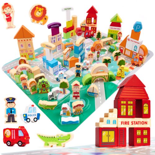 Klocki drewniane edukacyjne miasto puzzle 120el.